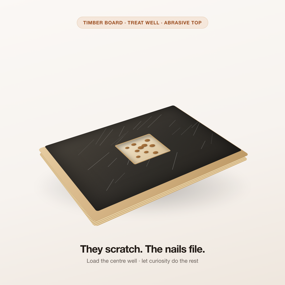 TailTrace ScratchPad dog nail file board — timber base, abrasive top, centre treat well