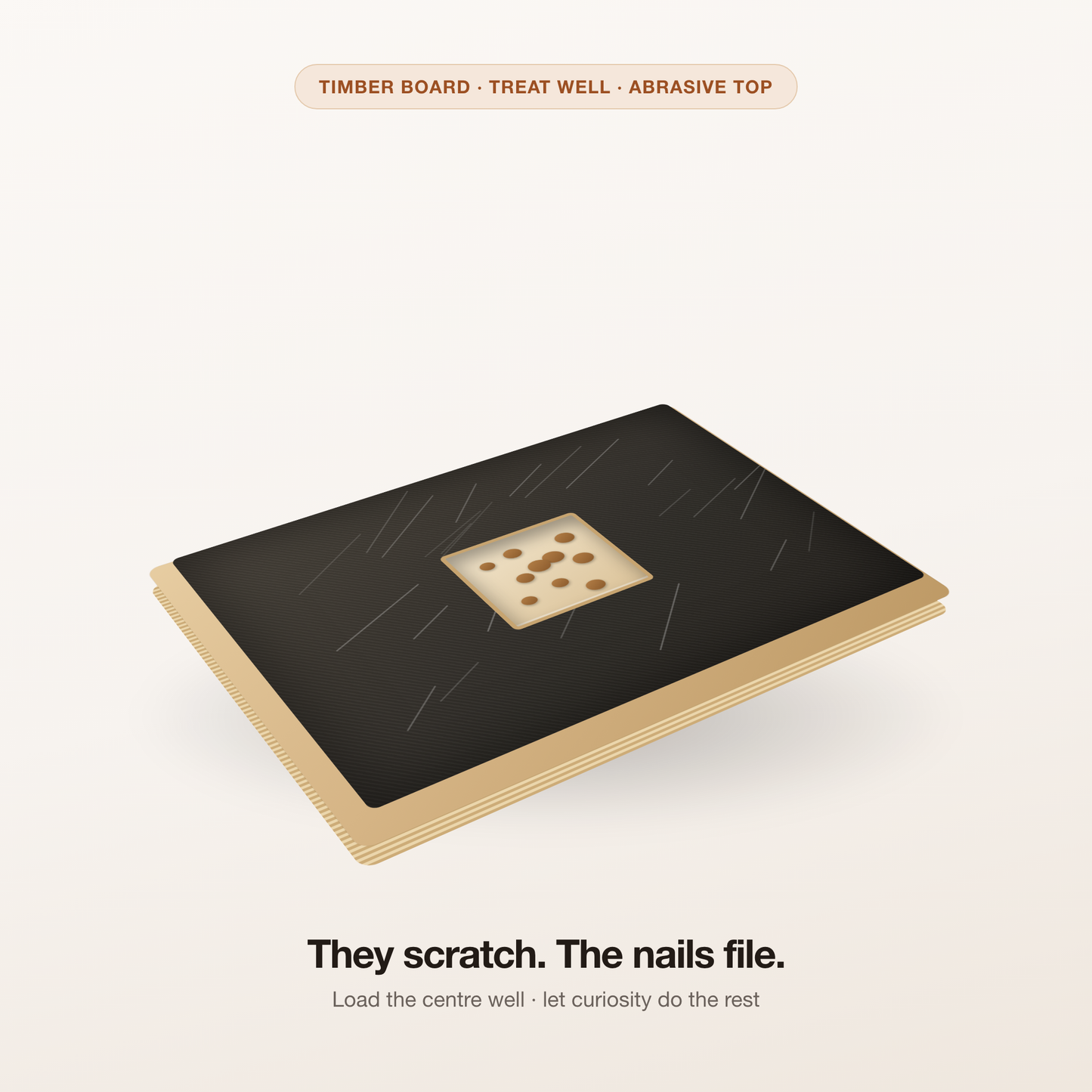 TailTrace ScratchPad dog nail file board — timber base, abrasive top, centre treat well