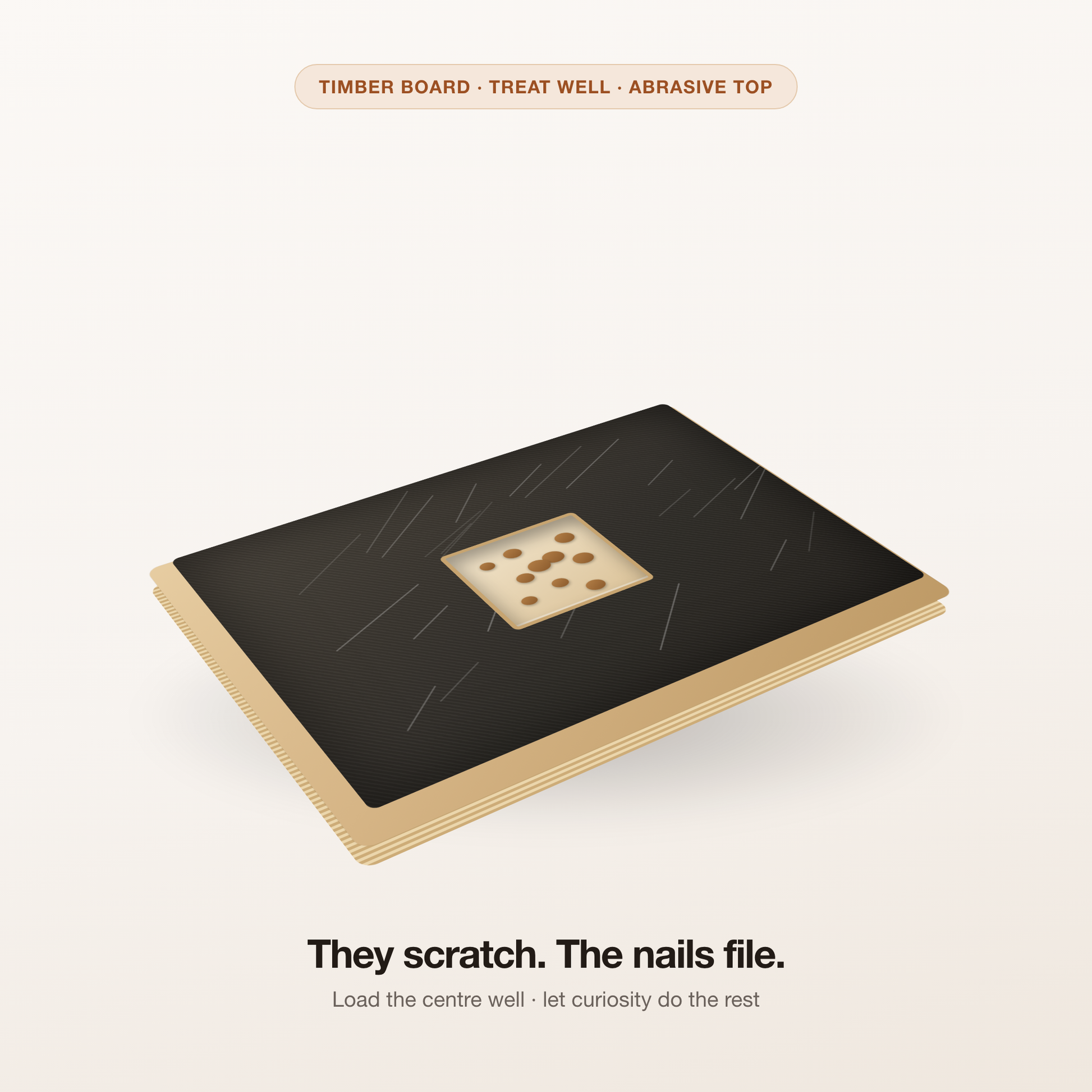 TailTrace ScratchPad dog nail file board — timber base, abrasive top, centre treat well