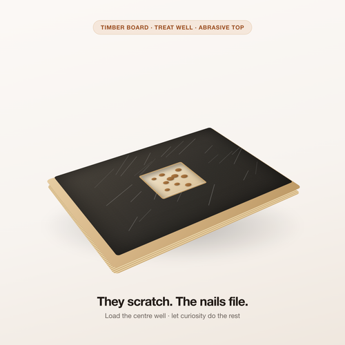 TailTrace ScratchPad dog nail file board — timber base, abrasive top, centre treat well