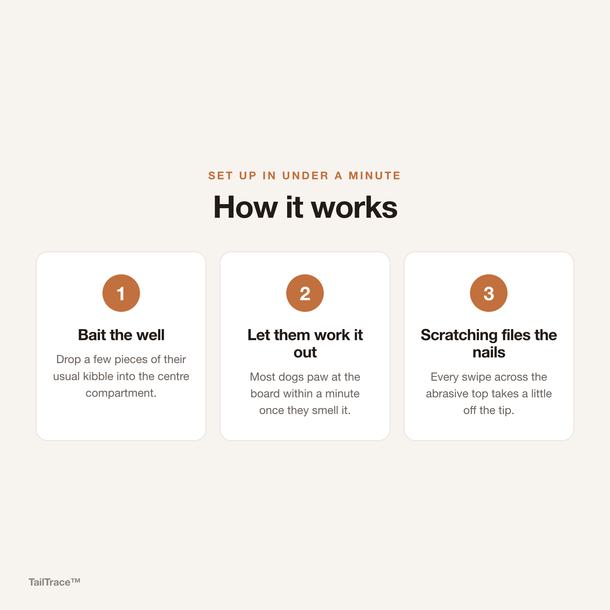How the TailTrace ScratchPad works in three steps: bait the well, let them scratch, nails file