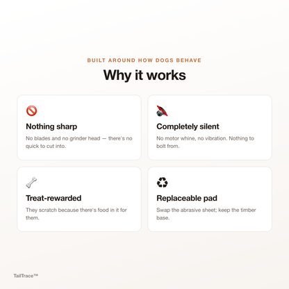 TailTrace ScratchPad features: nothing sharp, completely silent, treat-rewarded, replaceable pad