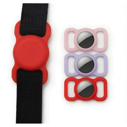 TailTrace AirTag collar mount in classic red fitted to a collar, with blush pink, lavender and red cases