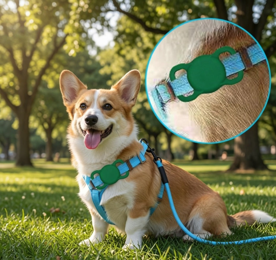 TailTrace AirTag collar mount in green secured on a corgi's harness strap