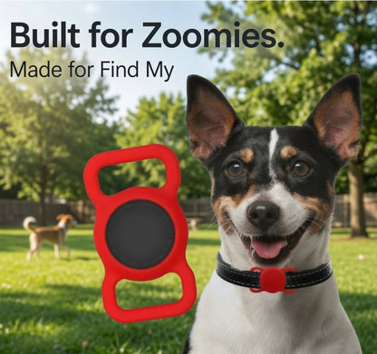 TailTrace AirTag collar mount in red worn on a dog's collar - built for zoomies, made for Find My
