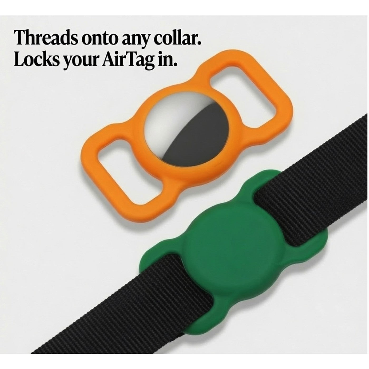 TailTrace silicone AirTag mount threading onto a dog collar strap, orange and forest green