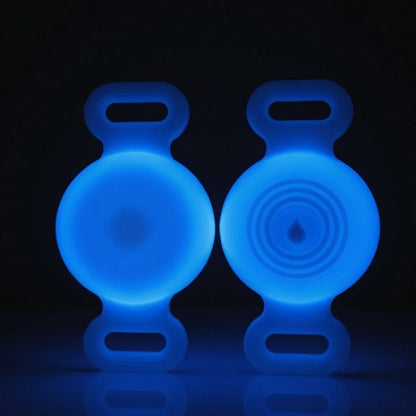 TailTrace dog collar tracker case — Glow Blue, front and back studio photo shown glowing in the dark