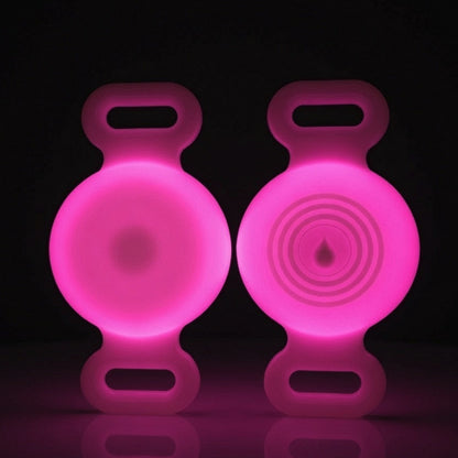 TailTrace dog collar tracker case — Hot Pink, front and back studio photo shown glowing in the dark