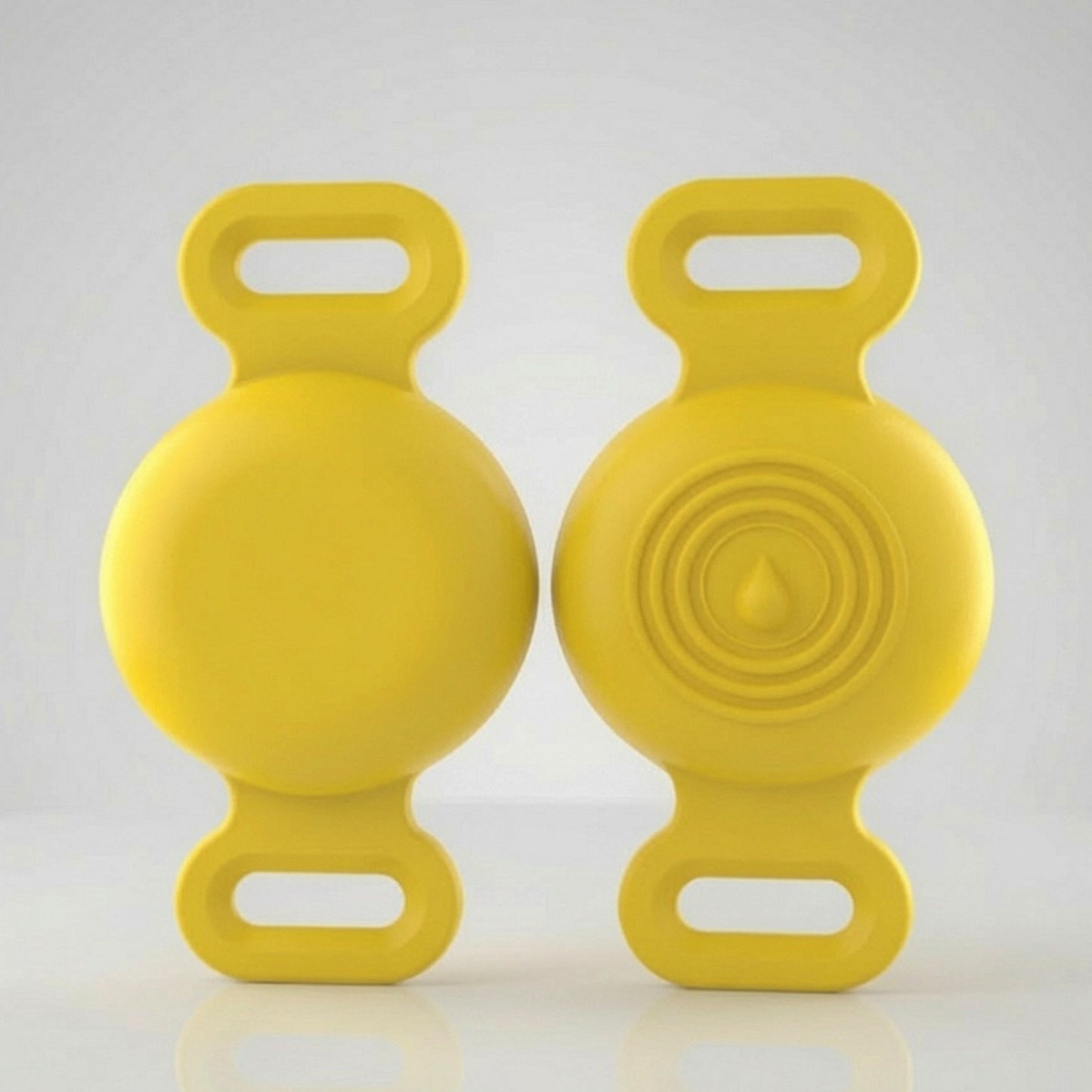 TailTrace dog collar tracker case — Sunshine Yellow, front and back studio photo