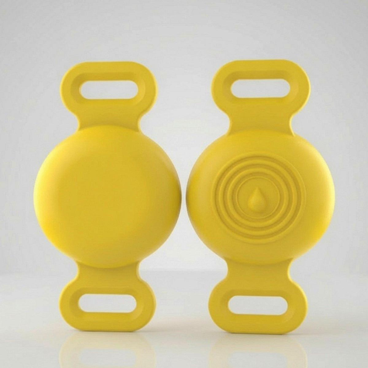 TailTrace dog collar tracker case — Sunshine Yellow, front and back studio photo