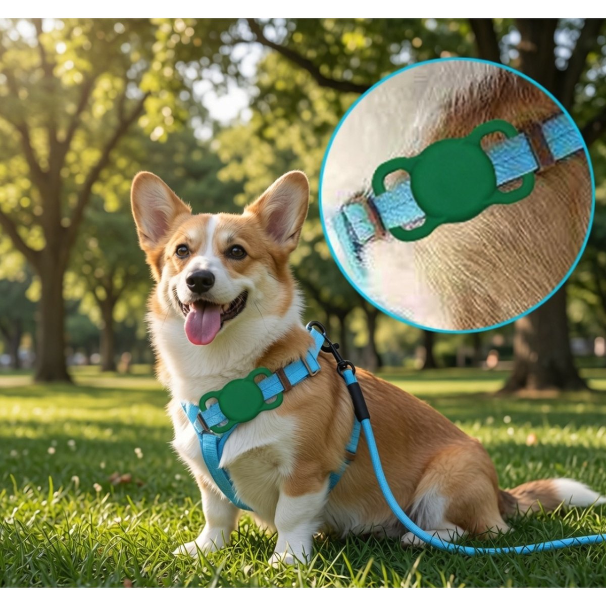 Corgi wearing a TailTrace mount in Forest Green on a harness strap