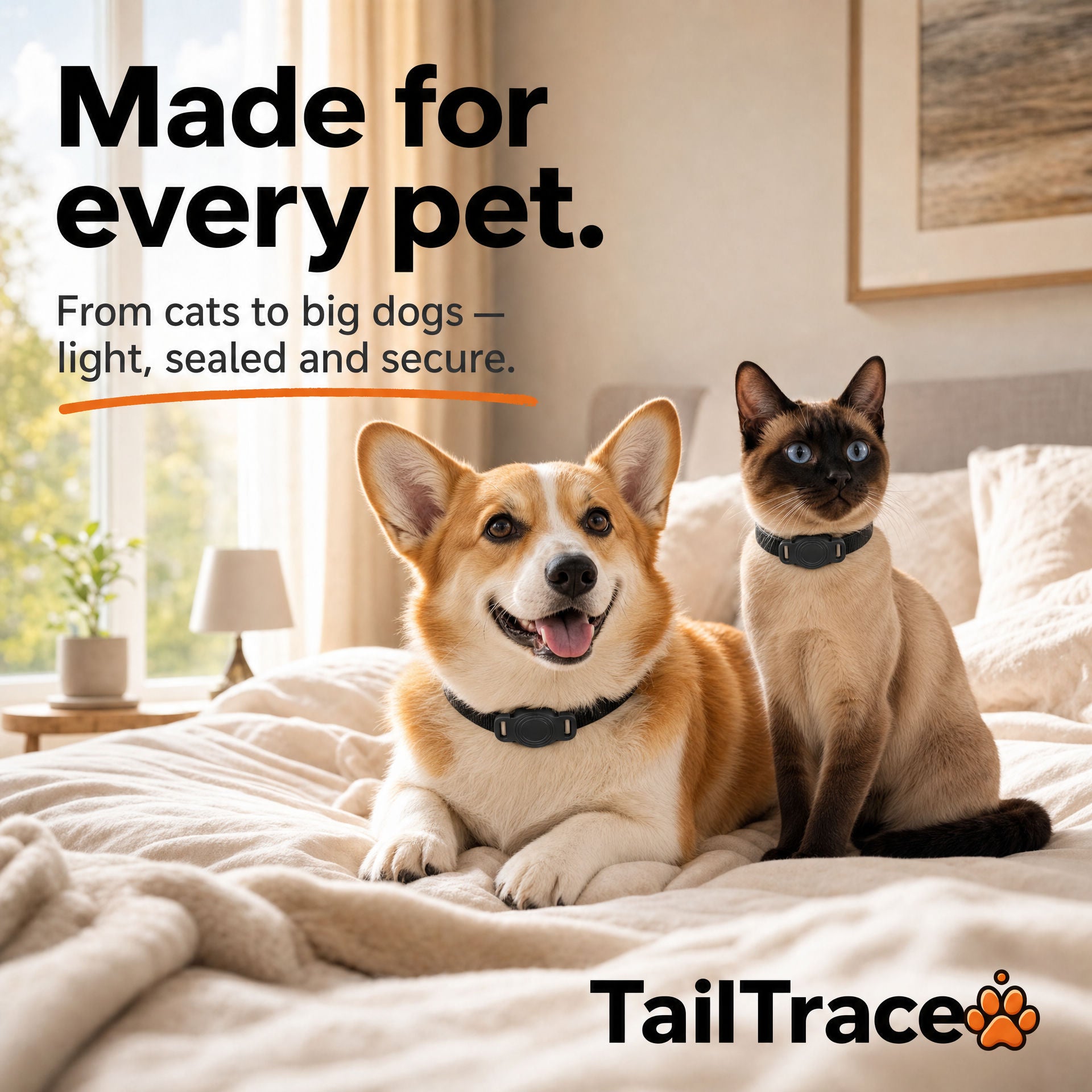 A corgi and a Siamese cat sitting on a bed, both wearing collars fitted with the TailTrace mount