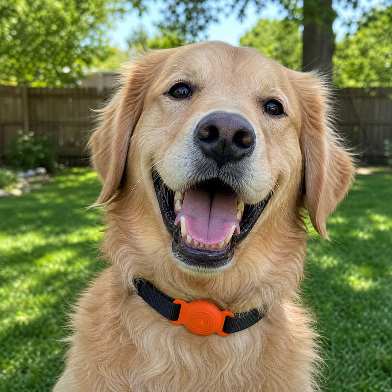 Customer photo: golden retriever in a fenced backyard wearing an orange TailTrace mount