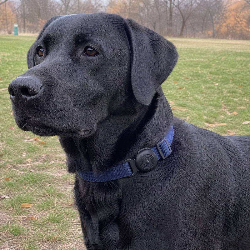 Customer photo: black Labrador at the park wearing a Black TailTrace mount